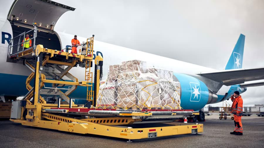 Air cargo pallets staged for international shipment